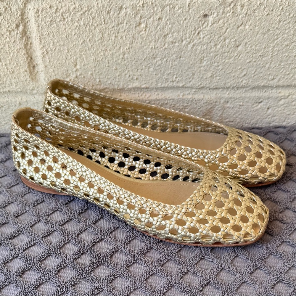 PALOMA BARCELO BALLET FLATS WOVEN LEATHER GOLD TONE SIZE 9